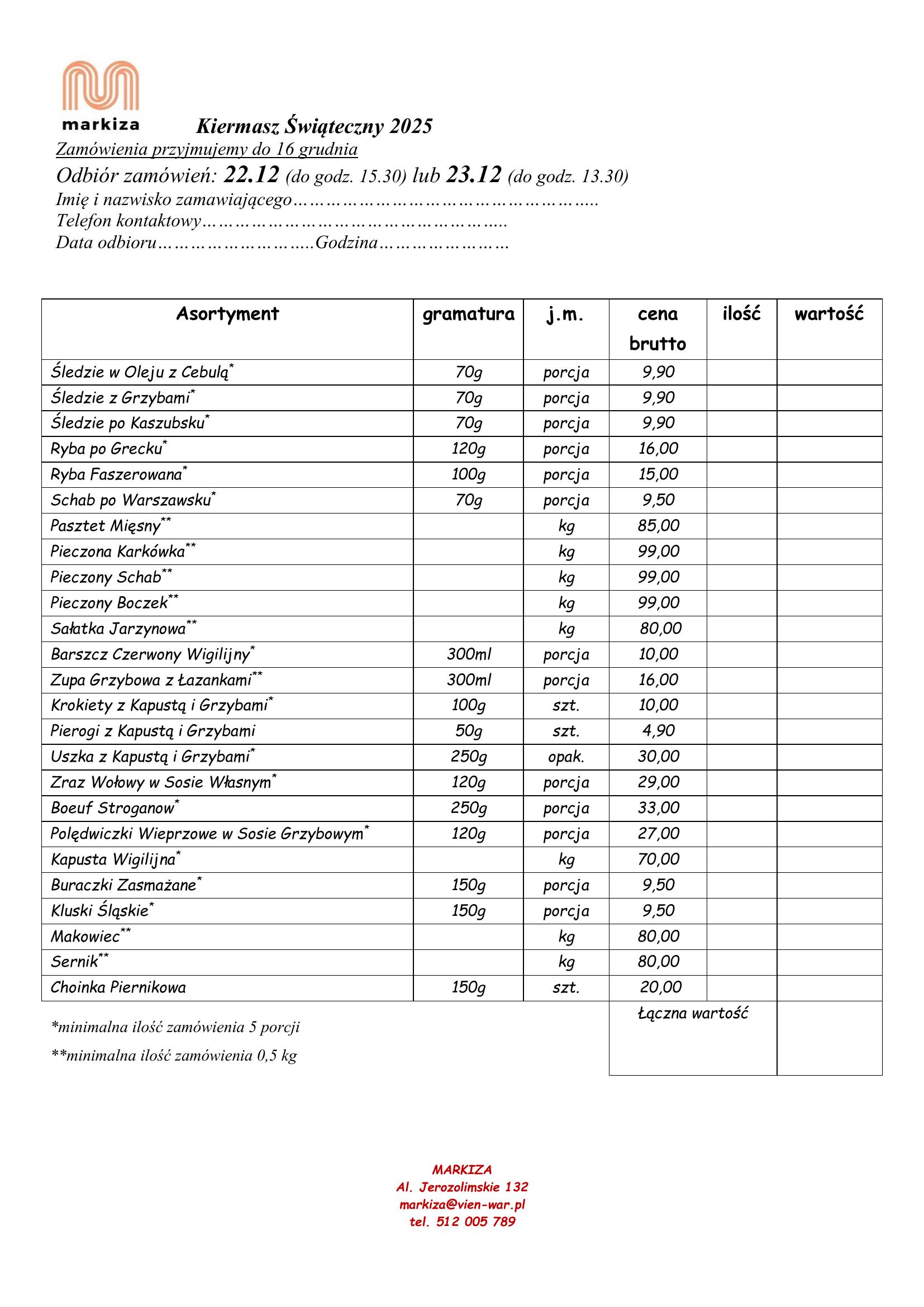 MK 2025 formularz zamówienia BOŻE NARODZENIE